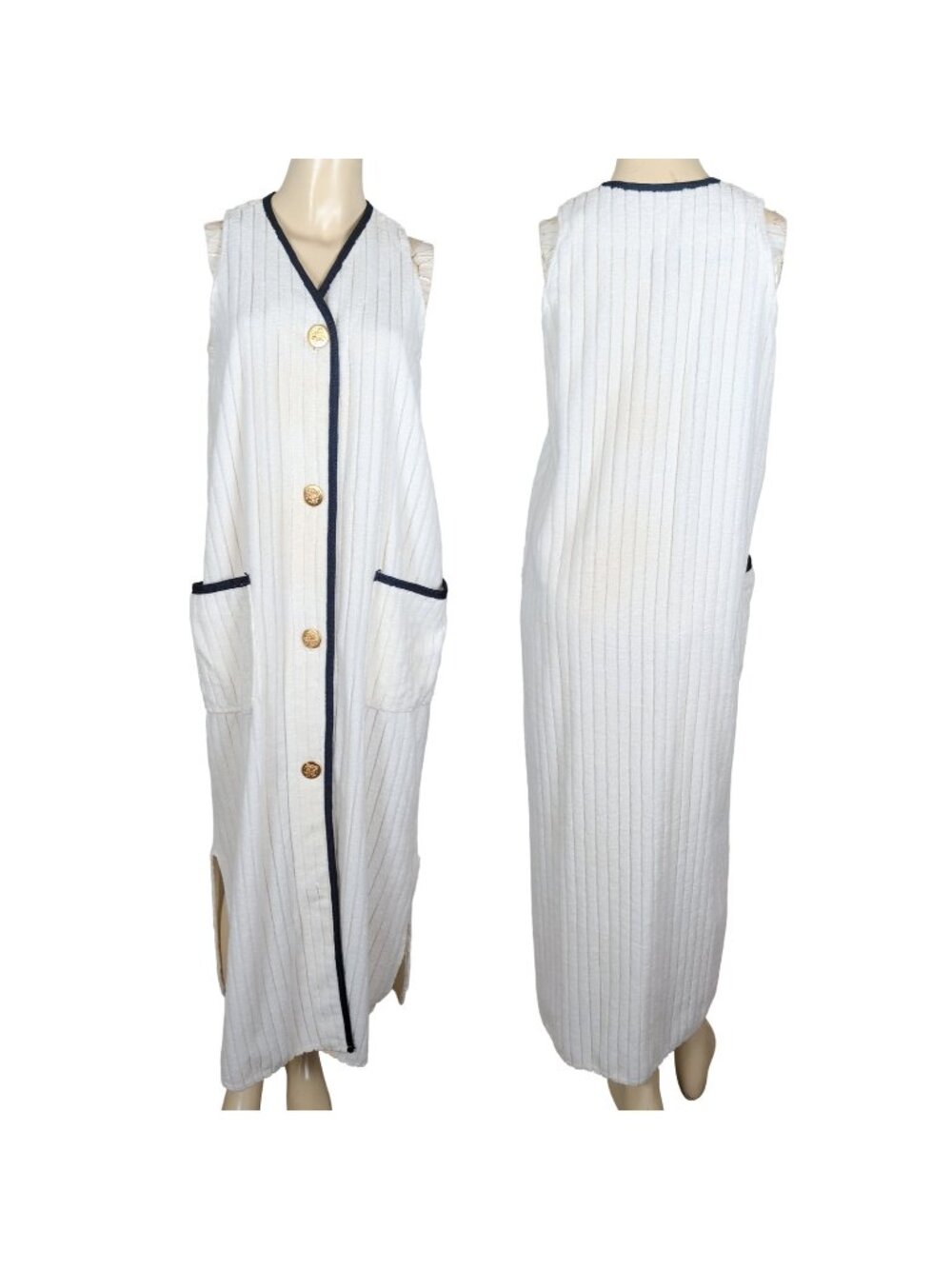 Vintage Dotti 90s Size S Dress Terry Cloth Cover Up Nautical Gold Buttons USA